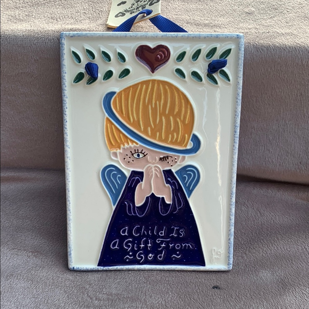 Ceramic Angel Wall Plaque with Heart and Wings